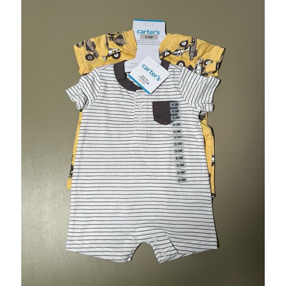 Carter’s Baby 2 Pieces 0-3M White W/Gray Stripes And Yellow With Trucks - Picture 1 of 5